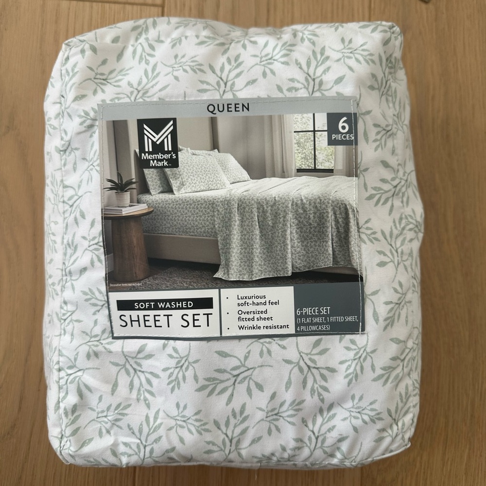 Soft Washed Sheet Set - Green Leaf Pattern
